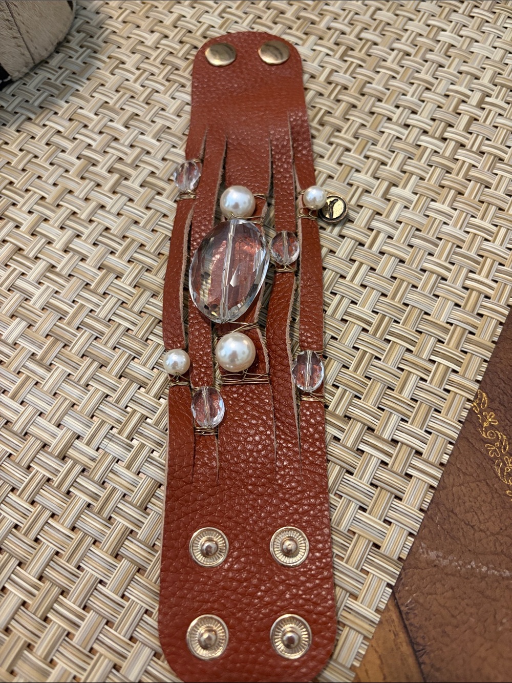 Brown Leather Cuff Watch Bracelet with Crystal and Pearl Accents